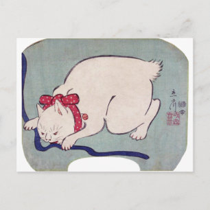 White Cat Playing With a String, Hiroshige Postcard