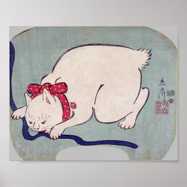 White Cat Playing With a String, Hiroshige Poster (Front)