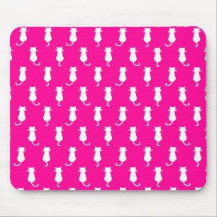 White Cat Polka Dot Pattern Isolated on Fucshia Mouse Pad