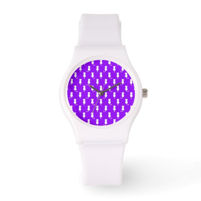 White Cat Polka Dot Pattern Isolated on Purple Watch (Front)