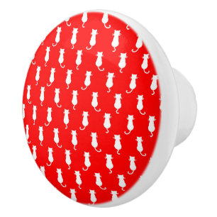 White Cat Polka Dot Pattern Isolated on Red Ceramic Knob