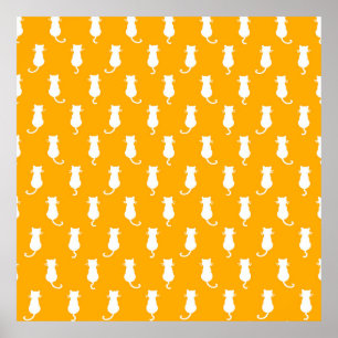 White Cat Polka Dot Pattern Isolated on Tangerine Poster