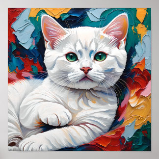 White Cat Portrait in Abstract Colours Poster