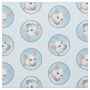White Cat Portrait Painting Cute Original Art Fabric
