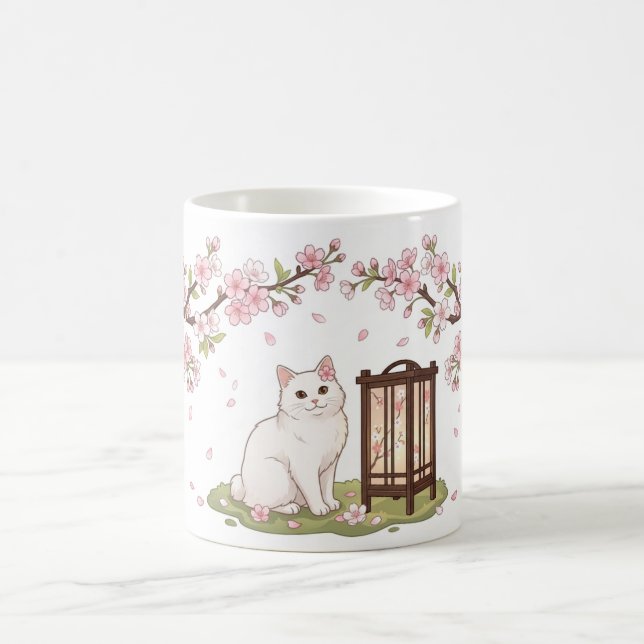 White Cat & Sakura Lantern Coffee Mug (Center)