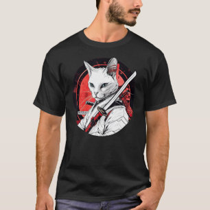White Cat Samurai Funny Pet Warrior T-Shirt