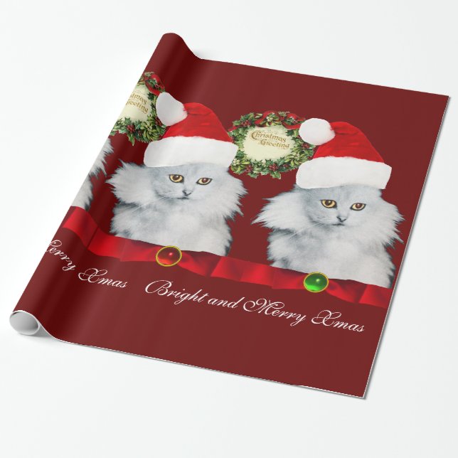 WHITE CAT,SANTA CLAUS HAT AND CHRISTMAS CROWNS WRAPPING PAPER (Unrolled)