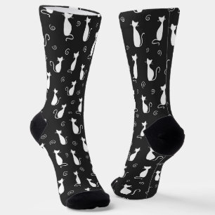 White Cat Silhouette Pattern Black Socks