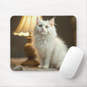 White Cat Sitting In Warm Lamplight Mouse Pad