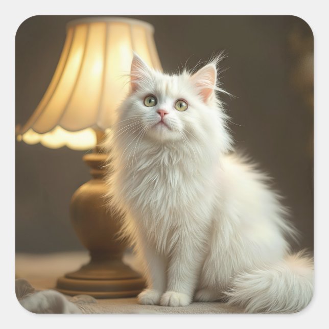 White Cat Sitting In Warm Lamplight Square Sticker (Front)