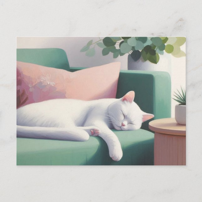 White Cat Sleeping on Green Sofa / Cat Lovers  Postcard (Front)