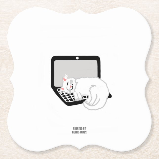 White Cat Sleeping On Laptop Bracket Paper Coaster (Front)