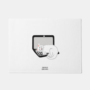 White Cat Sleeping On Laptop Door Mat