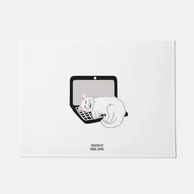 White Cat Sleeping On Laptop Door Mat (Front)