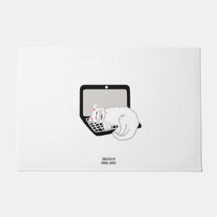 White Cat Sleeping On Laptop Door Mat