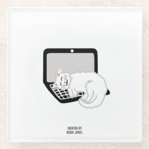 White Cat Sleeping On Laptop Glass Coaster