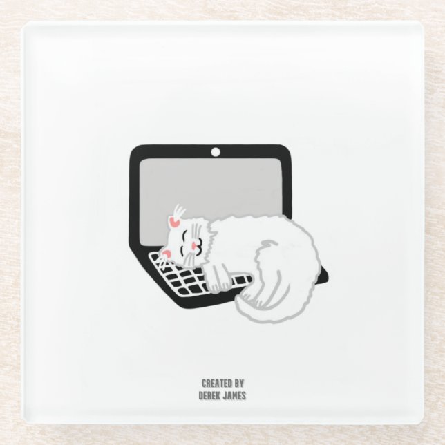 White Cat Sleeping On Laptop Glass Coaster (Front)
