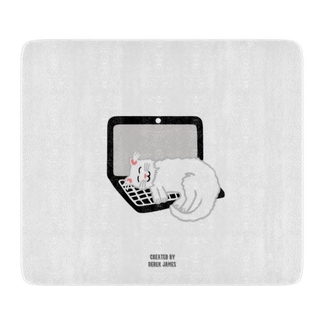 White Cat Sleeping On Laptop Glass Cutting Board (Front)