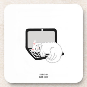 White Cat Sleeping On Laptop Hard Plastic Coaster