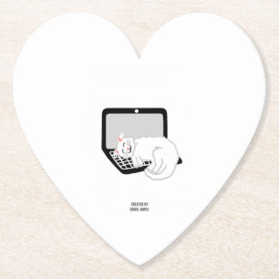 White Cat Sleeping On Laptop Heart Paper Coaster