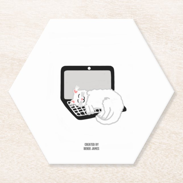White Cat Sleeping On Laptop Hexagon Paper Coaster (Front)