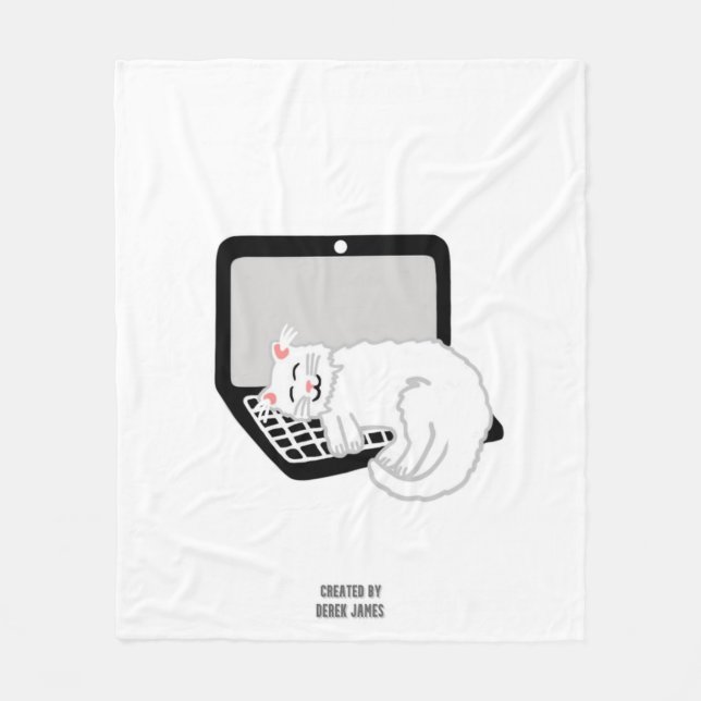 White Cat Sleeping On Laptop Medium Fleece Blanket (Front)