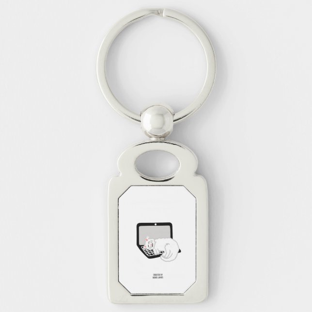 White Cat Sleeping On Laptop Rectangle Keychain (Front)