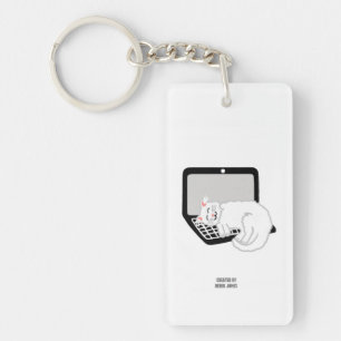 White Cat Sleeping On Laptop Rectangle Keychain