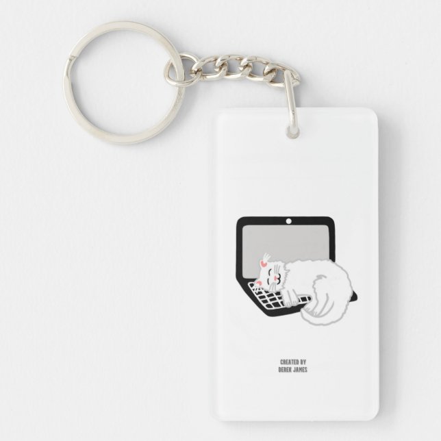 White Cat Sleeping On Laptop Rectangle Keychain (Front)