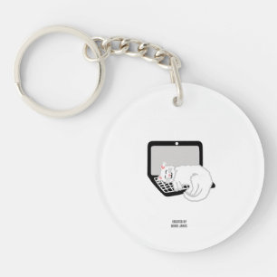 White Cat Sleeping On Laptop Round Keychain
