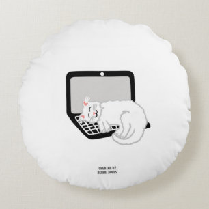 White Cat Sleeping On Laptop Round Throw Pillow