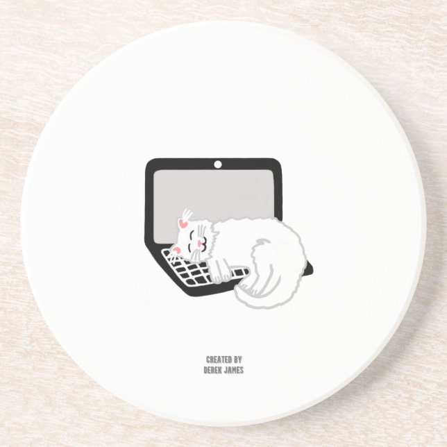White Cat Sleeping On Laptop Sandstone Coaster (Front)