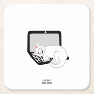 White Cat Sleeping On Laptop Square Paper Coaster