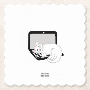 White Cat Sleeping On Laptop Square Paper Coaster