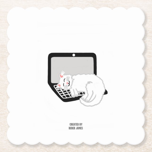 White Cat Sleeping On Laptop Square Paper Coaster (Front)