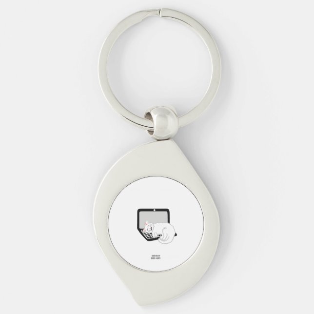 White Cat Sleeping On Laptop Swirl Keychain (Front)