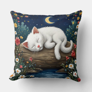 White Cat Sleeping on Log in Flower Garden Cushion