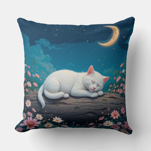 White Cat Sleeping Peacefully on a Log Cushion (Front)