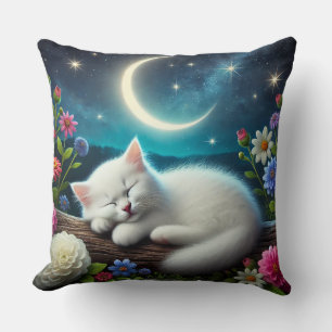 White Cat Sleeping Peacefully Outdoors Cushion