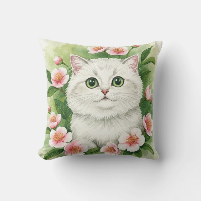 White Cat Spring Flowers Pillow (Front)