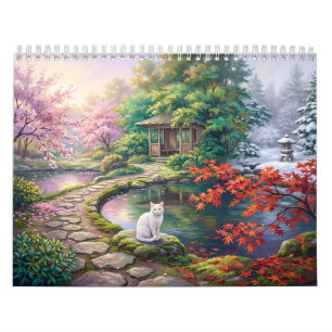 White Cat Through Japan's Seasons: Pastel Art Cale Calendar