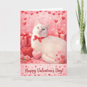 White cat valentine's day hearts card