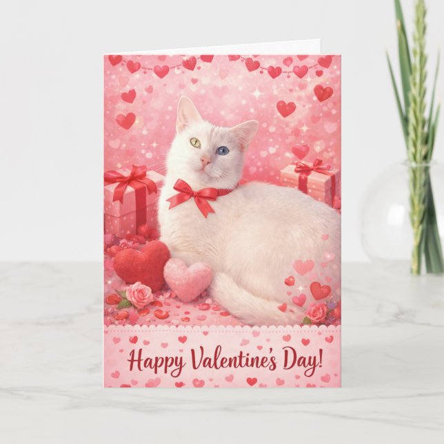 White cat valentine's day hearts card (Front)