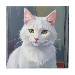 White Cat Watercolor Cat Pet Painting Ceramic Tile