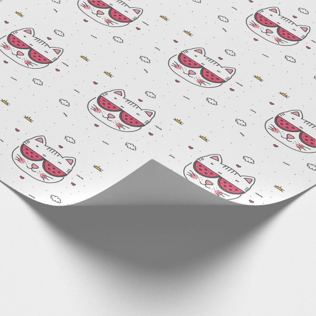White cat watermelon glasses funny wrapping paper (Corner)