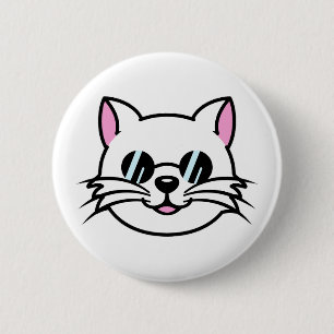 White Cat Wearing Black Glasses / Sunglasses 6 Cm Round Badge