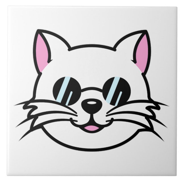 White Cat Wearing Black Glasses / Sunglasses Ceramic Tile (Front)