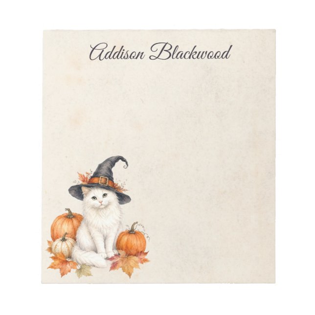 White Cat Witch Hat Autumn Pumpkins Personalised Notepad (Front)