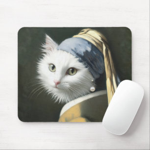 White Cat With a Pearl Earring Mouse Pad