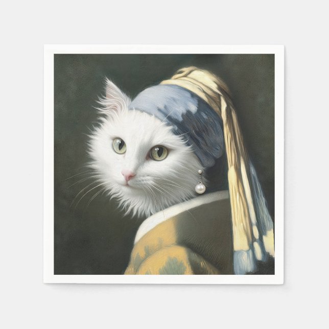 White Cat With a Pearl Earring Painting Napkin (Front)